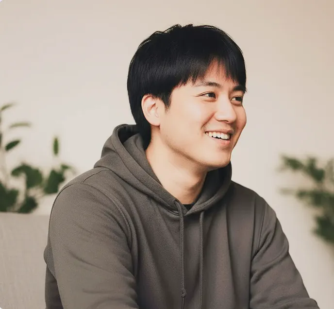 右を向いている若い男性