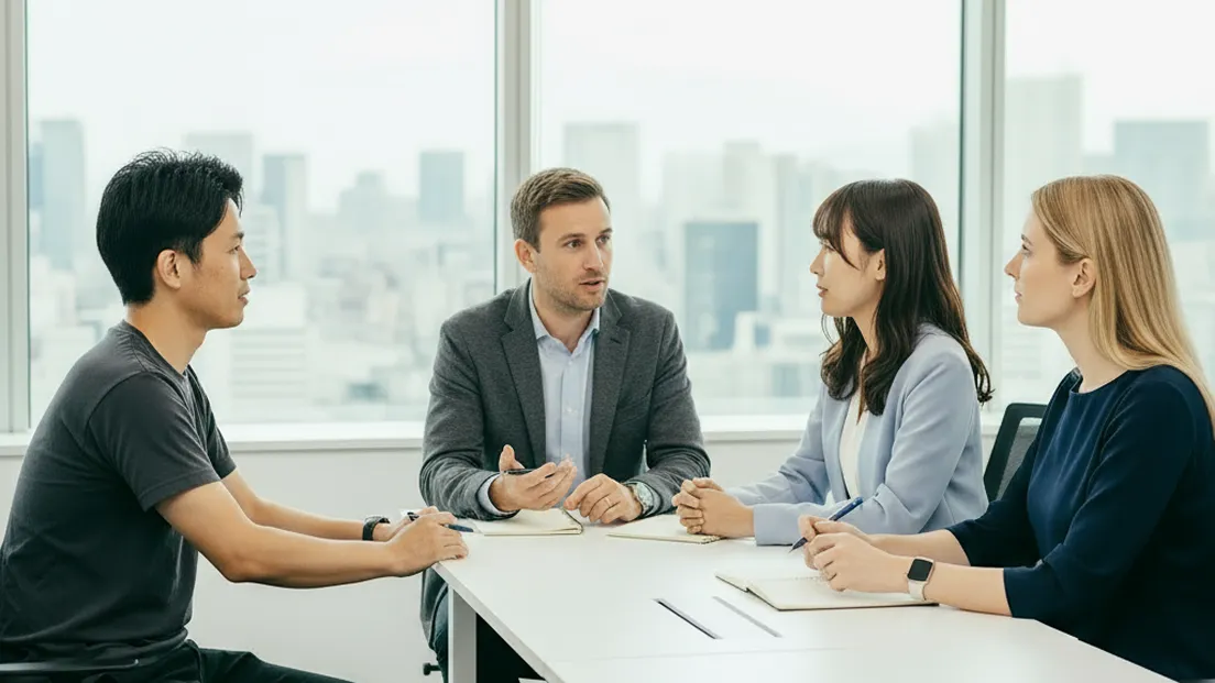 4人での会議の様子。外国人男性が話しているのを男性1人と女性2人が聞いている