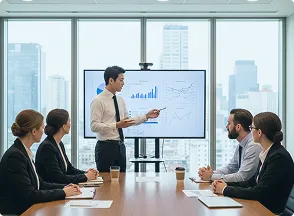 会議の様子。男性がミニターの前に立ち説明しているのを座っている女性3人と男性1人が聞いている