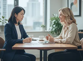 座っている女性2人がコーヒーを飲みながら話している